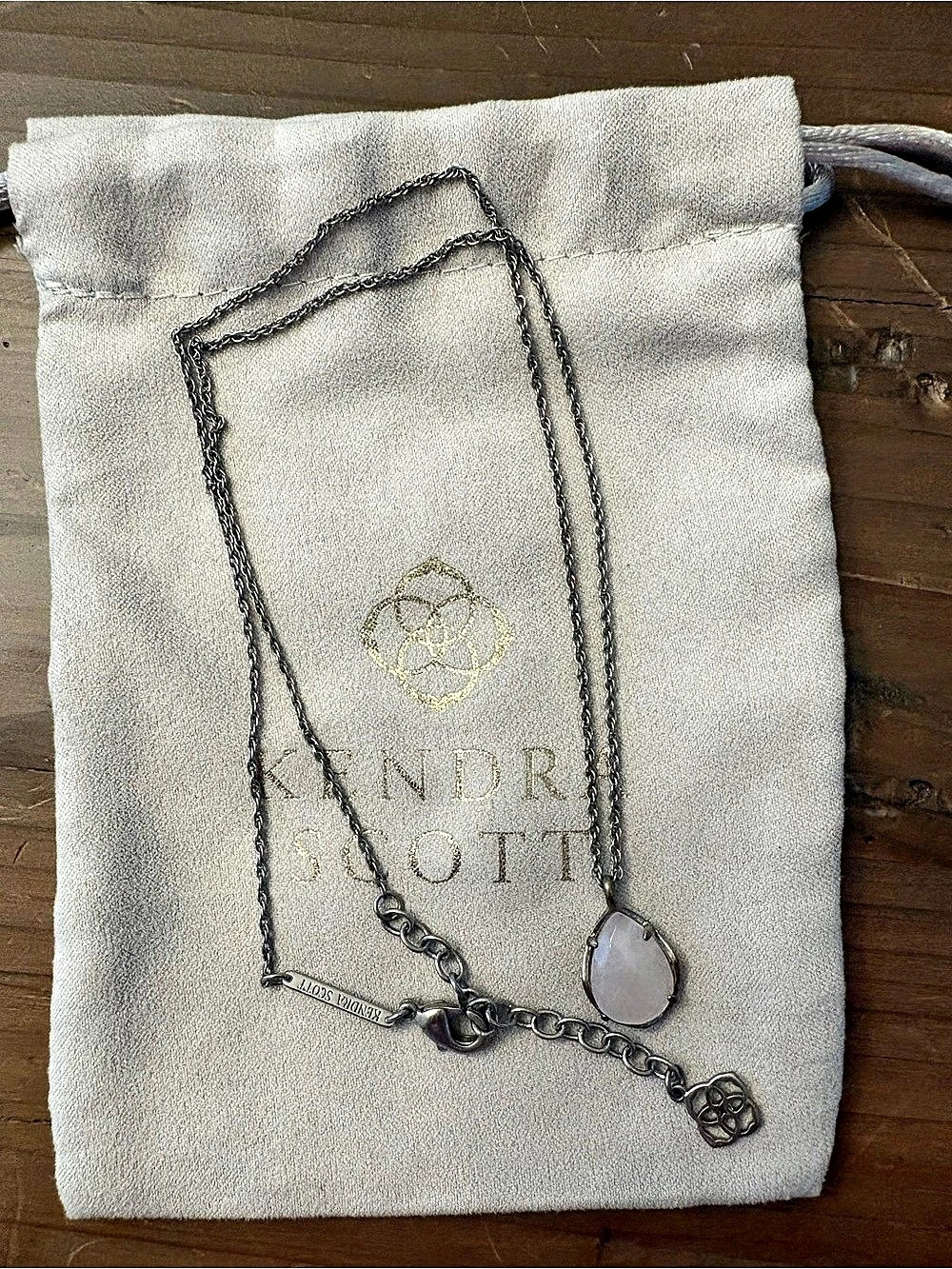 Kendra Scott Retired Kiri Rose Quartz Teardrop Antique Silver Necklace